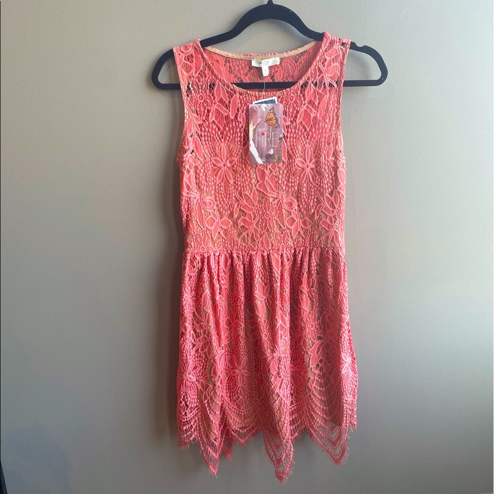 NWT Love, Fire Pink Lace Mini Dress with nude underlay, Size M.